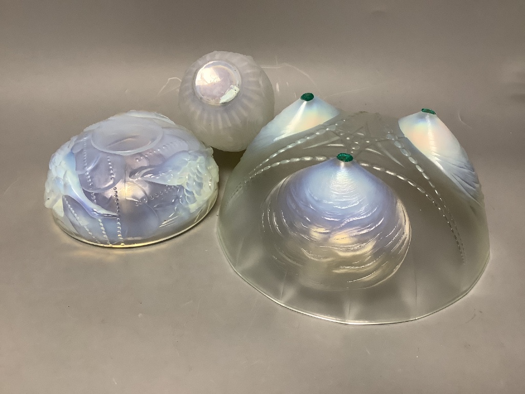 A Sabino opalescent glass bowl, a similar vase and a French opalescent glass box base